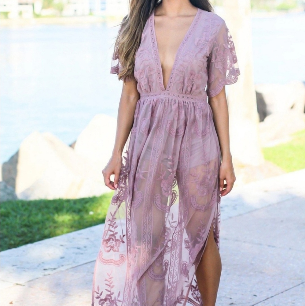 Honey Punch Mauve Lace Romper Maxi‎ Dress